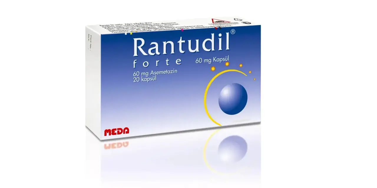 Opakowanie leku Rantudil forte 60 mg, zawierające 20 kapsułek z asemetazyną.
