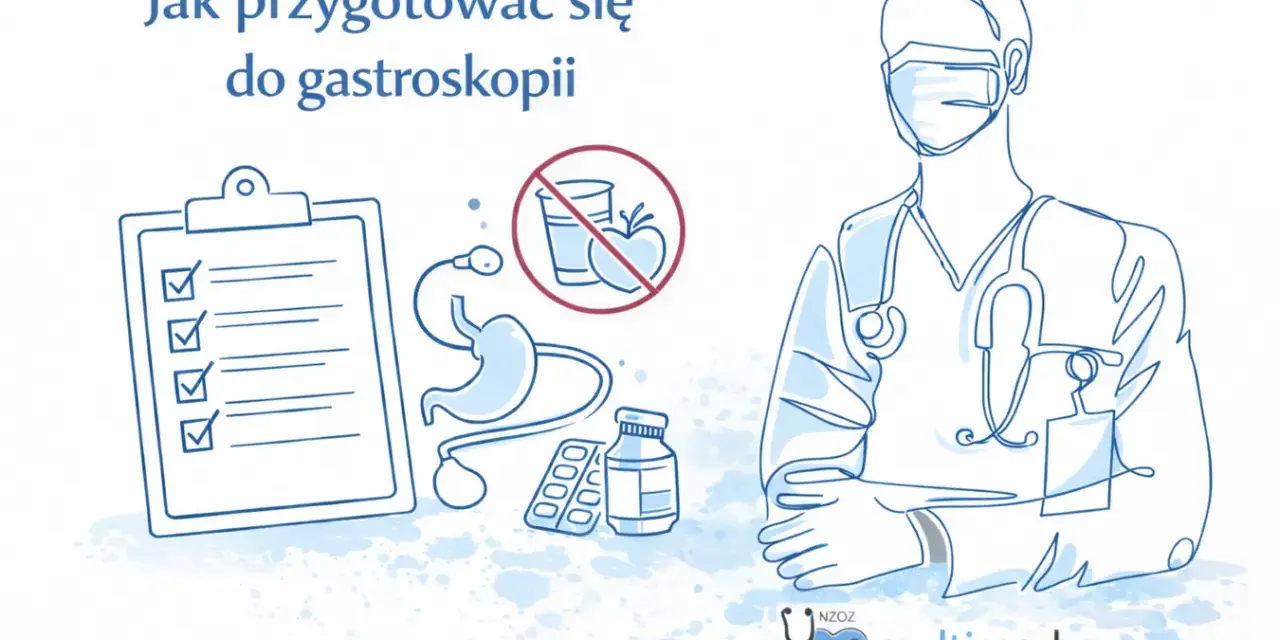 Lista kontrolna, zakaz jedzenia i picia, żołądek i lekarz w masce. Kluczowe wskazówki dotyczące przygotowania do gastroskopii.