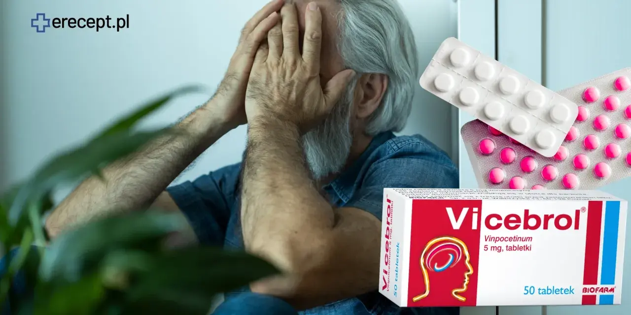 Zestresowany mężczyzna z opakowaniem leku Vicebrol.