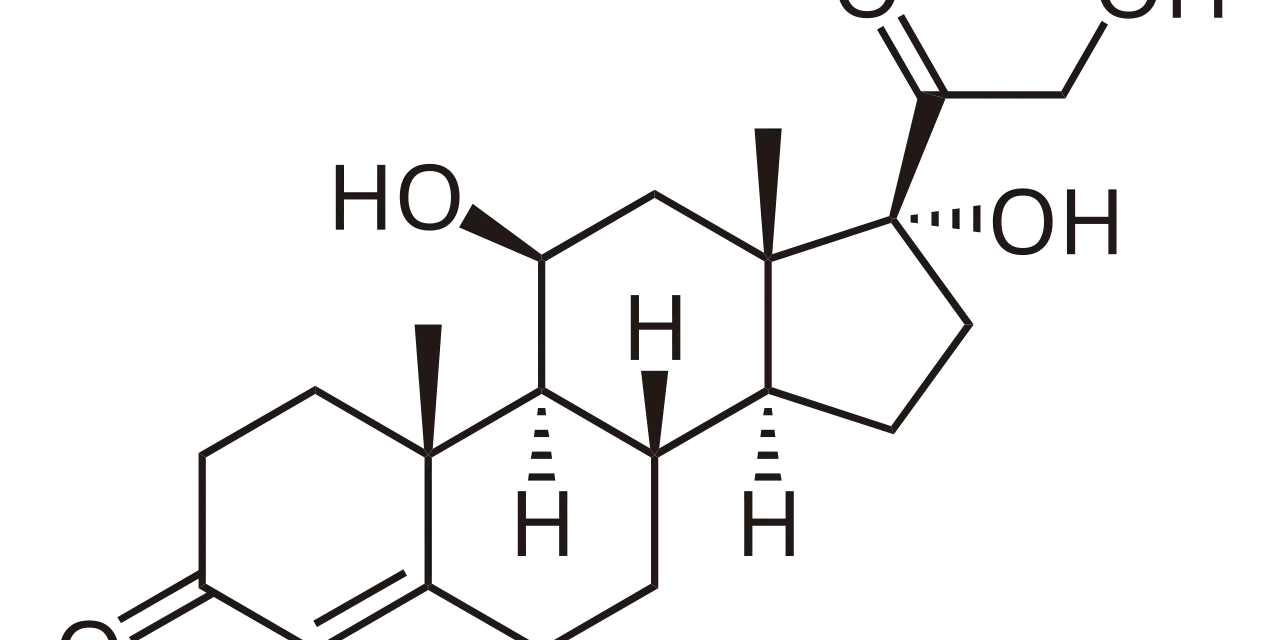 Struktura chemiczna kortyzonu, hormonu steroidowego o złożonej budowie pierścieniowej, z grupami hydroksylowymi i ketonowymi.