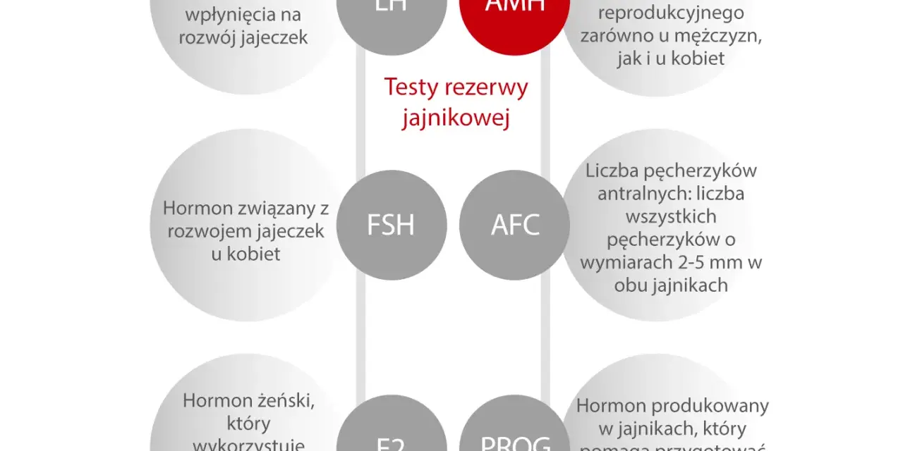 AMH - kluczowy hormon w badaniu rezerwy jajnikowej, marker płodności u obu płci. Schemat przedstawia powiązane hormony i wskaźniki.