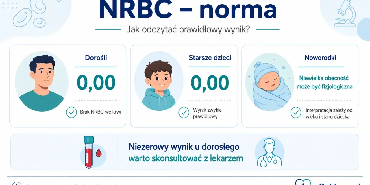 NRBC - norma: u dorosłych i starszych dzieci wynik 0,00 jest prawidłowy. U noworodków niewielka obecność może być fizjologiczna.