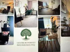 Kolaż zdjęć gabinetów psychologicznych z fotelem, kanapą i roślinami.