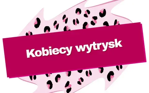 Różowy kształt w panterkę z napisem "Kobiecy wytrysk" na fuksjowej wstędze.