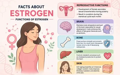 Ilustracja przedstawia funkcje estrogenu: reprodukcyjne, mózg, kości, wątrobę i skórę. Dowiedz się, jak podwyższyć estrogen.