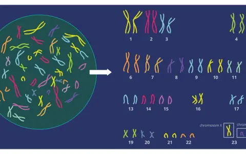 Ilustracja pokazuje, ile chromosomów ma człowiek: 23 pary, czyli łącznie 46.