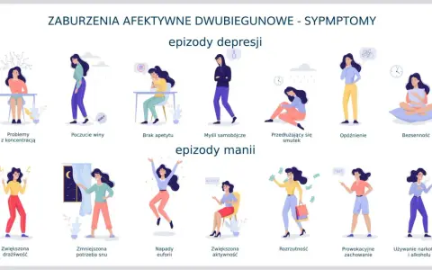 Ilustracja przedstawia objawy choroby afektywnej dwubiegunowej: epizody depresji i manii.