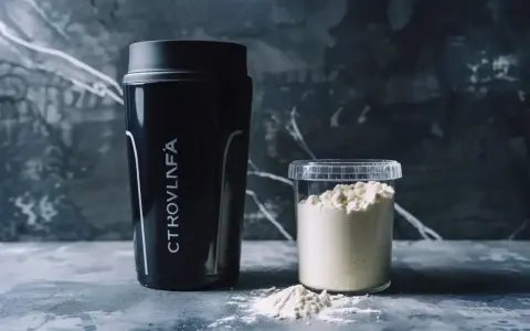 Czarny shaker i pojemnik z proszkiem. Cytrulina co daje? Poprawia wydolność i regenerację.