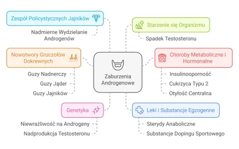 Mapa przyczyn zaburzeń androgenowych: PCOS, nowotwory, starzenie, choroby metaboliczne, genetyka, leki.