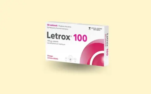 Opakowanie leku Letrox 100, zawierającego lewotyroksynę, 50 tabletek po 100 µg. Informacja o zmianie składu.