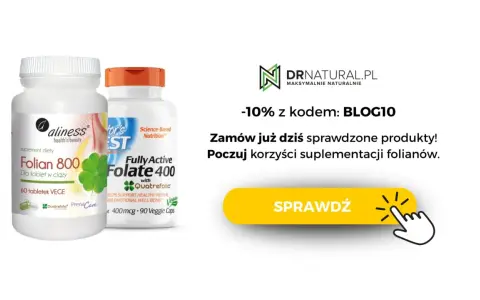 Dwa suplementy diety z witaminą B9 (folianem): Aliness Folian 800 dla kobiet w ciąży i Doctor's Best Fully Active Folate 400.