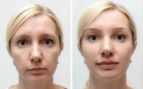 Przed i po zabiegu PRP: skóra twarzy kobiety wygładzona, zmarszczki zredukowane, cera promienna.