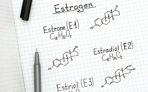 Struktury chemiczne estrogenów: estronu, estradiolu i estriolu. Notatki na kratkowanym papierze.