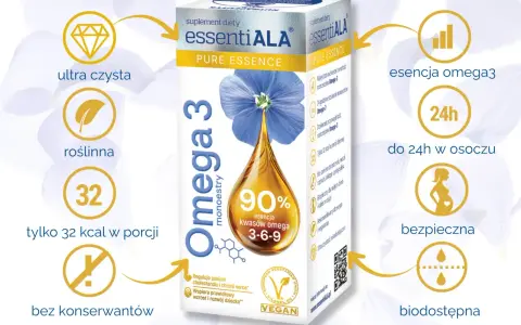 Suplement diety essentiaALA Omega-3 monoestry, z 90% esencją kwasów omega 3-6-9, ultra czysty, roślinny, bez konserwantów, biodostępny, bezpieczny dla kobiet w ciąży i dzieci.