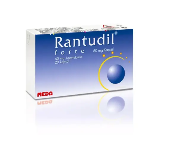 Opakowanie leku Rantudil forte 60 mg, zawierające 20 kapsułek z asemetazyną.