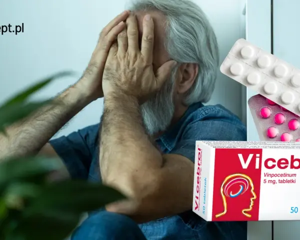 Zestresowany mężczyzna z opakowaniem leku Vicebrol.