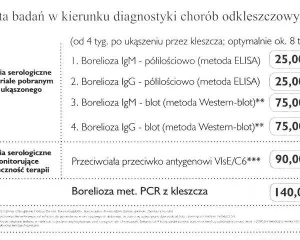 Oferta badań na boreliozę: testy ELISA i Western-blot z krwi, przeciwciała VlsE/C6 oraz PCR z kleszcza.