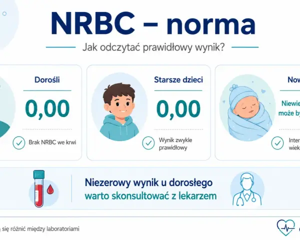 NRBC - norma: u dorosłych i starszych dzieci wynik 0,00 jest prawidłowy. U noworodków niewielka obecność może być fizjologiczna.