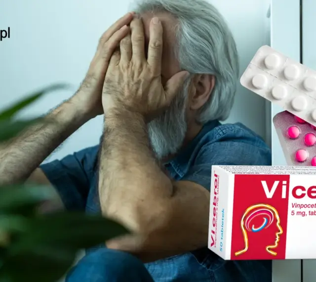 Zestresowany mężczyzna z opakowaniem leku Vicebrol.