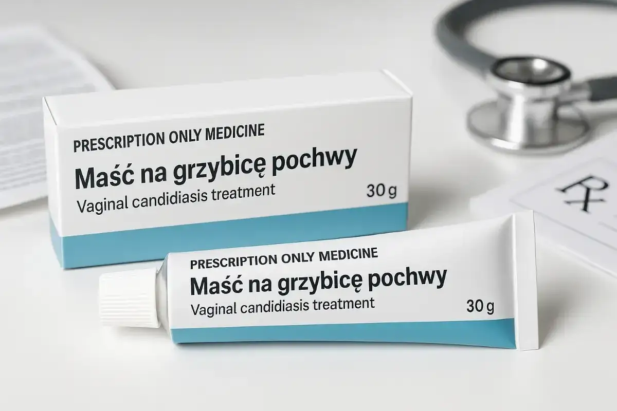 Maść na grzybicę pochwy, lek na receptę. W opakowaniu tubka 30g, obok pudełko. Stetoskop i recepta sugerują wizytę u lekarza, który może przepisać Macmiror.