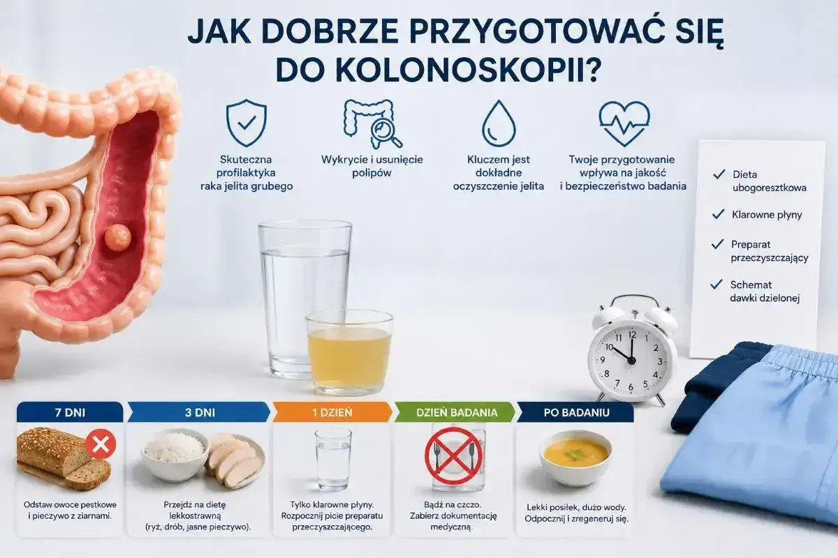 Dieta przed kolonoskopią: odstaw ziarna 7 dni wcześniej, potem lekkostrawnie, a w dniu badania tylko klarowne płyny.