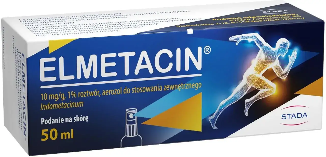 Opakowanie leku Elmetacin w aerozolu, 50 ml, z indometacyną. Pomaga przy bólach mięśni i stawów, jak przy stosowaniu rantudil forte.