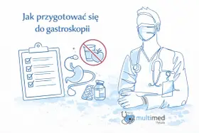 Lista kontrolna, zakaz jedzenia i picia, żołądek i lekarz w masce. Kluczowe wskazówki dotyczące przygotowania do gastroskopii.