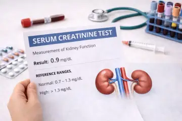 Wynik badania kreatynina 0.9 mg/dL, wskazujący na prawidłową funkcję nerek. Obok wyniki badań, próbki krwi i stetoskop.
