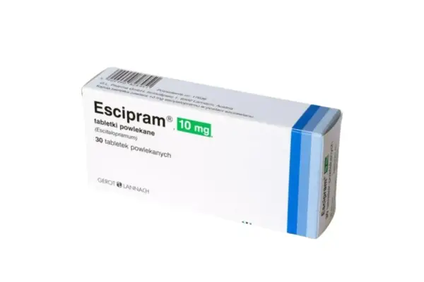 Opakowanie leku Escipram 10 mg, zawierające 30 tabletek powlekanych z escitalopramem.