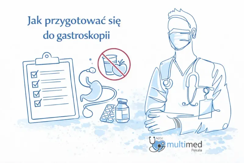 Lista kontrolna, zakaz jedzenia i picia, żołądek i lekarz w masce. Kluczowe wskazówki dotyczące przygotowania do gastroskopii.