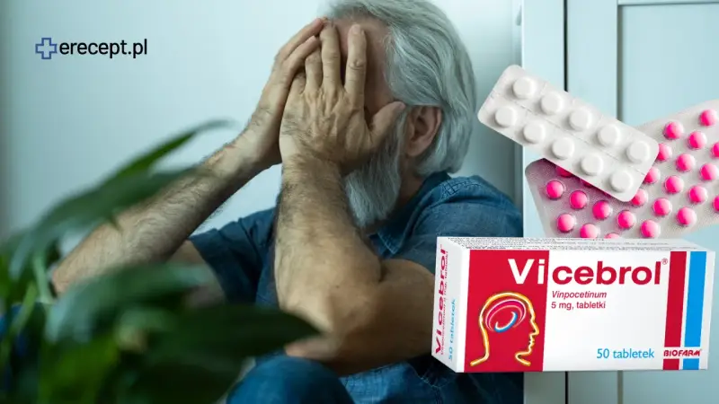 Zestresowany mężczyzna z opakowaniem leku Vicebrol.
