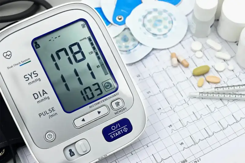 Cyfrowy ciśnieniomierz pokazuje wysokie ciśnienie 178/103. Obok leżą tabletki, elektrody EKG i papier z zapisem EKG, sugerując monitorowanie holterem ciśnieniowym.