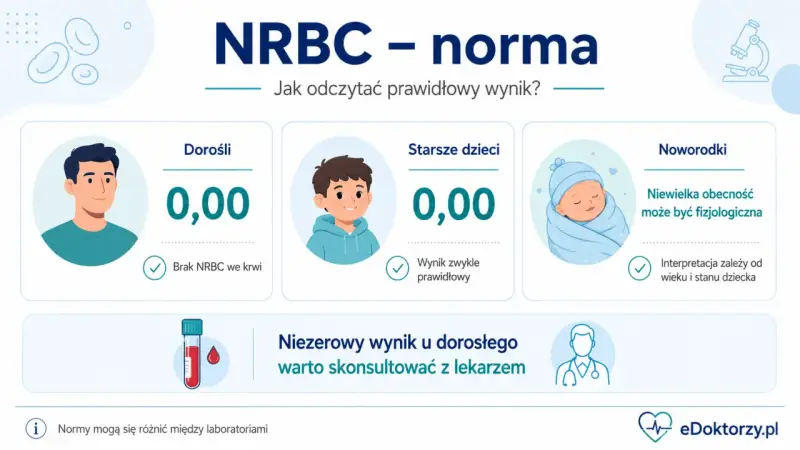 NRBC - norma: u dorosłych i starszych dzieci wynik 0,00 jest prawidłowy. U noworodków niewielka obecność może być fizjologiczna.